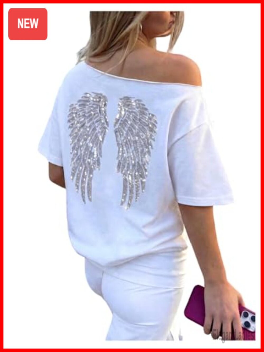 Sequin Wing Off Shoulder Asymmetrical Tee